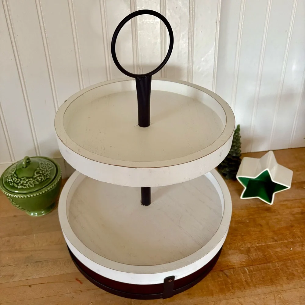2 TIER WHITE & BLACK DISPLAY TRAY & HOLIDAY DECOR